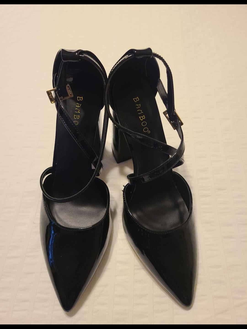 BAMBOO Black Patent Pointed-Toe Crisscross Block Heels
